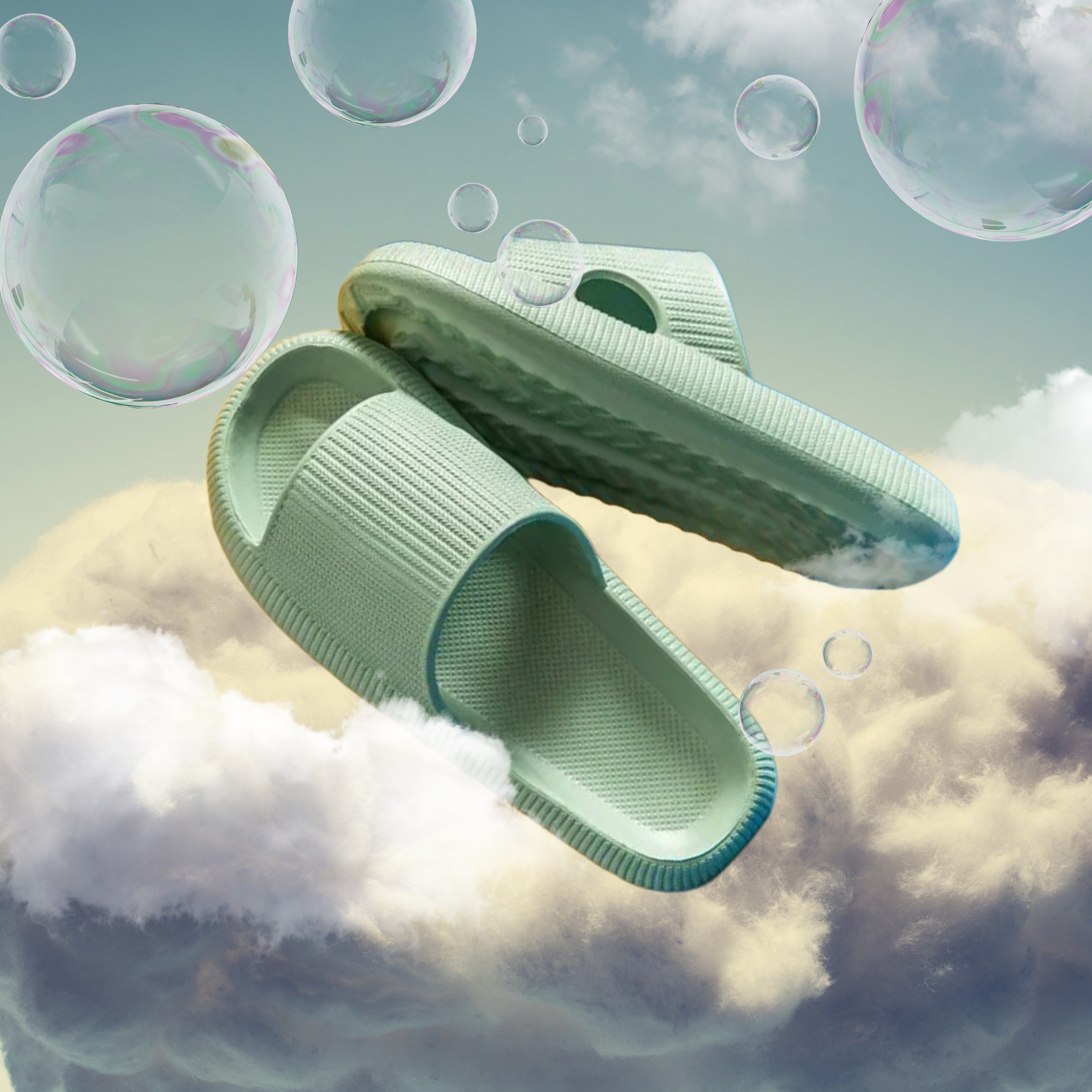 Mint green SudsSlide anti-slip shower slides floating among clouds and soap bubbles
